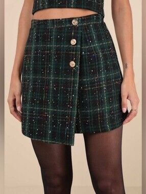 Lulus Adorably Posh Dark Green Tweed Faux Wrap Skirt Size Small